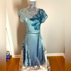 Komarov Dusty Blue Floral Midi Dress Sz M